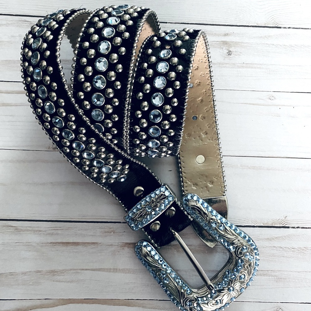 BB Simon Crystal Studded Black Pony Hair Leather Belt Size XL